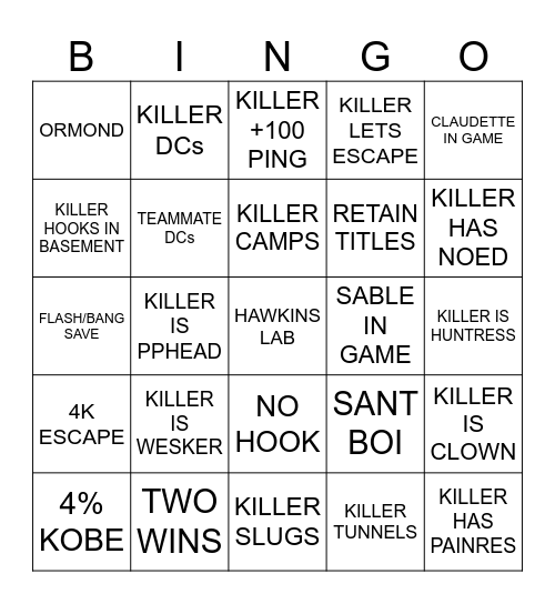 Dead By Daylight Bingo Card