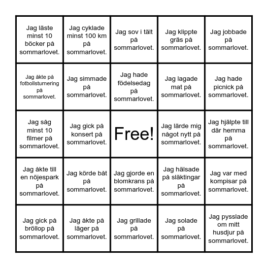 Kryssa i de saker du gjorde på sommarlovet. Bingo Card