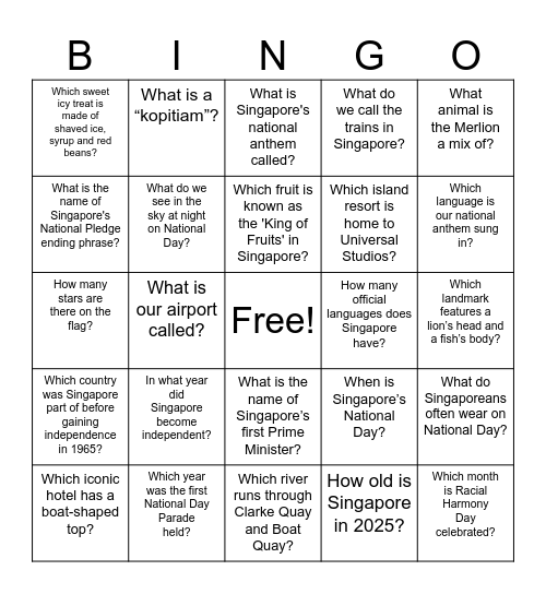 National Day Theme Bingo Card