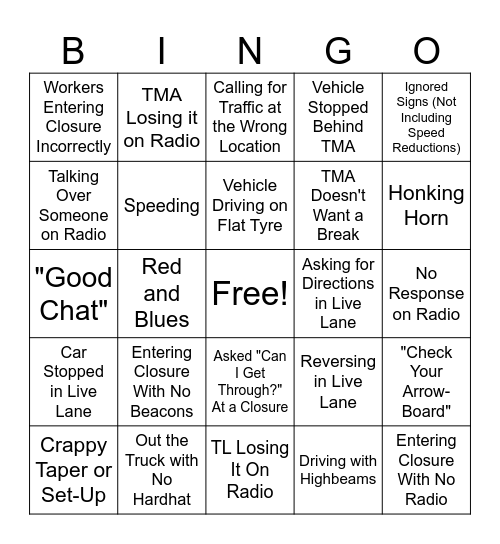 Traffic Bingo Card