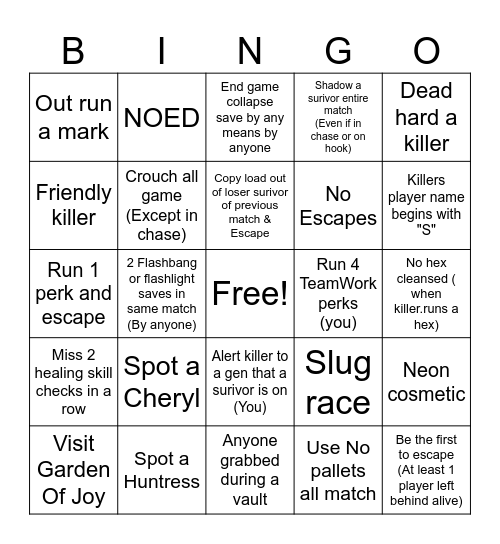 DBD SURIVOR Fun Bingo Card