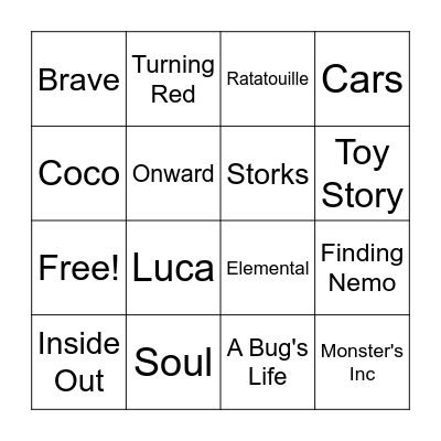 Animated Movies Bingo Card