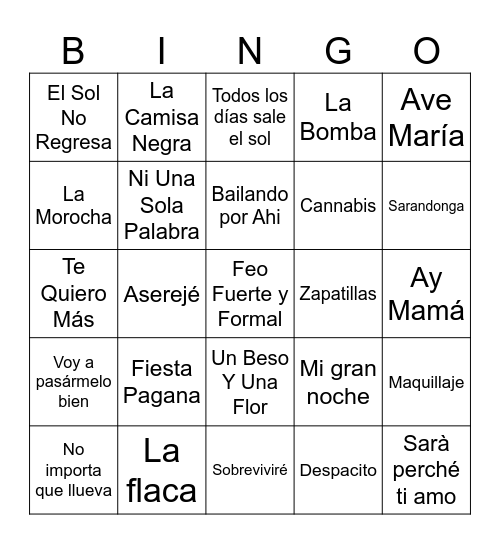 Bingo Musical Bingo Card