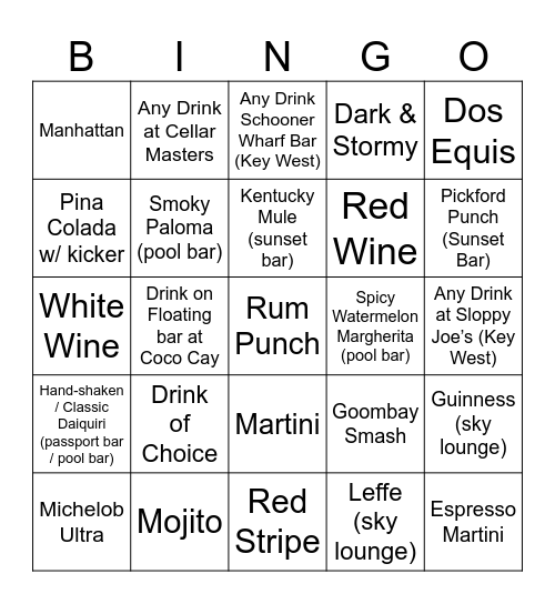 Cruise Ship Binfo Bingo Card
