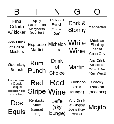 Cruise Ship Binfo Bingo Card