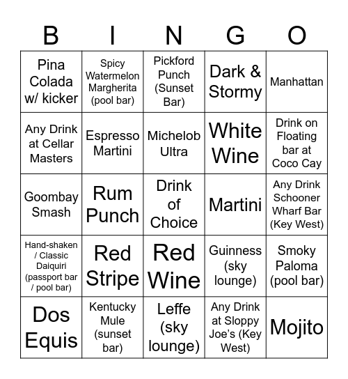 Cruise Ship Binfo Bingo Card