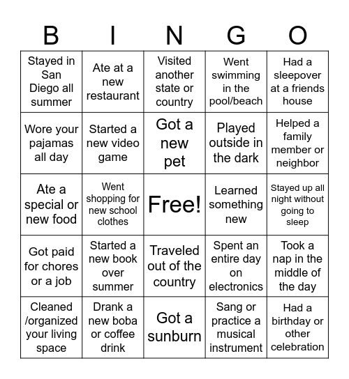 Back from Summer Bingo Card