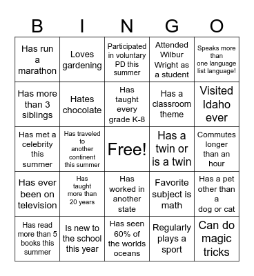 Welcome Back Bingo Card