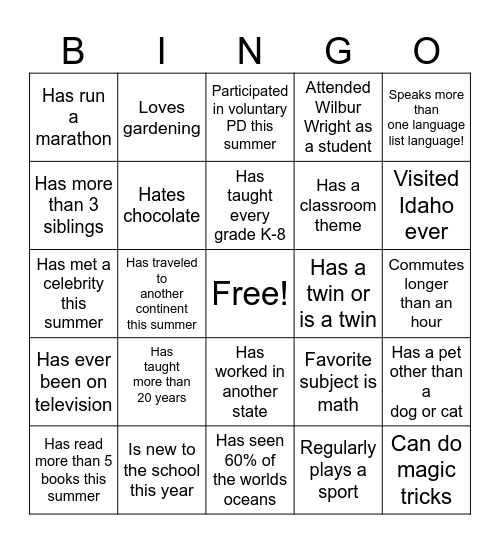 Welcome Back Bingo Card