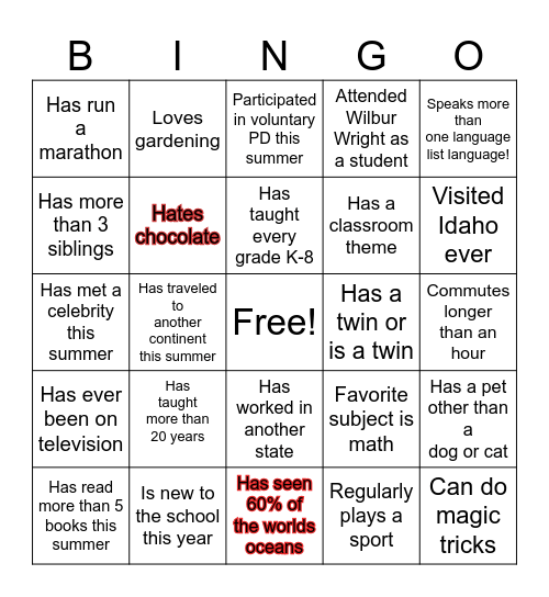 Welcome Back Bingo Card