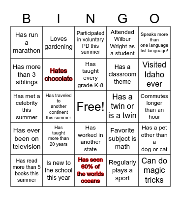 Welcome Back Bingo Card