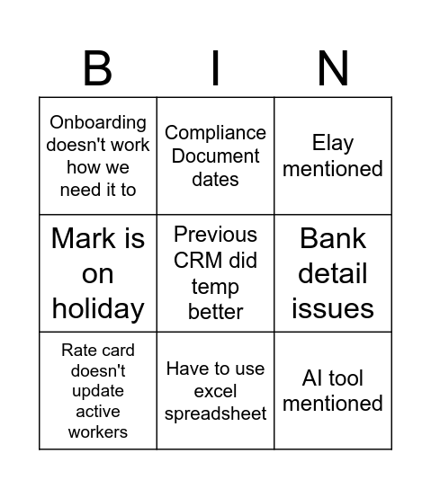 Vincere Bingo Card
