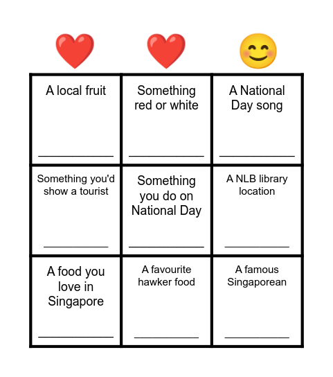 National Day Bingo Card