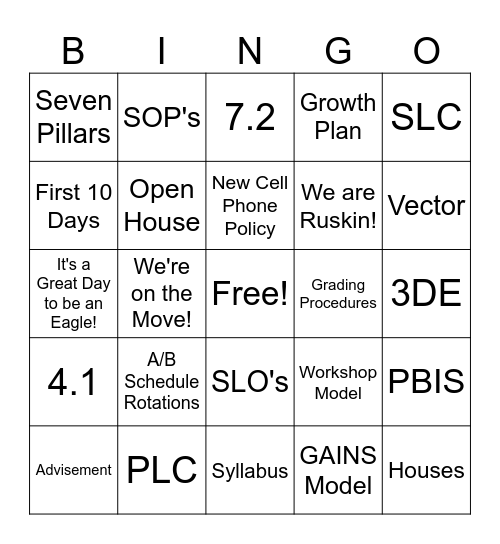 Ruskin Principals' Most Used Sayings Bingo Card