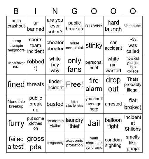 college oops Bingo Card