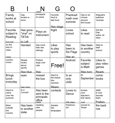 First Day of School Bingo Card