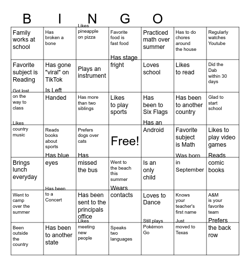 First Day of School Bingo Card