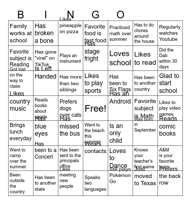 First Day of School Bingo Card