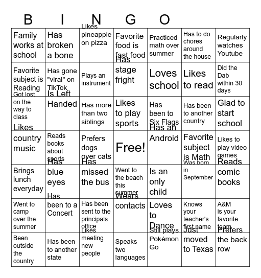 First Day of School Bingo Card