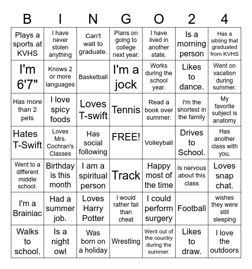 First Day of Advanced A & P Bingo Card