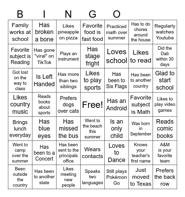 First Day of School Bingo Card