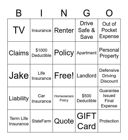 Renters Insurance Bingo Card