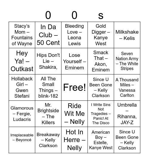 00s Bingo Card