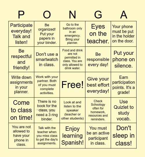 Reglas de la Clase Bingo Card