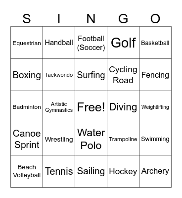 SINGO! Olympic Games Edition Bingo Card