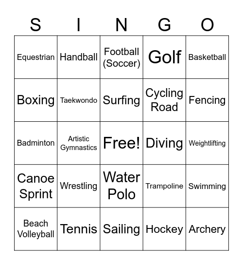 SINGO! Olympic Games Edition Bingo Card