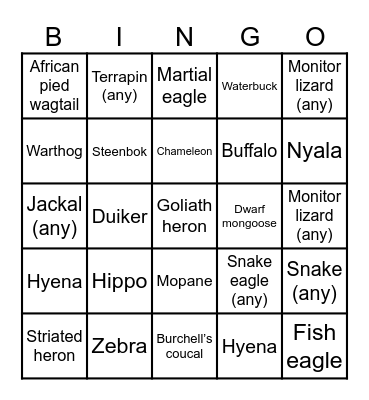 Kruger animals - central Bingo Card