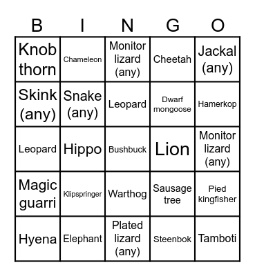 Kruger animals - south Bingo Card