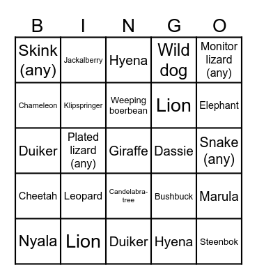 Kruger animals - Olifants Bingo Card
