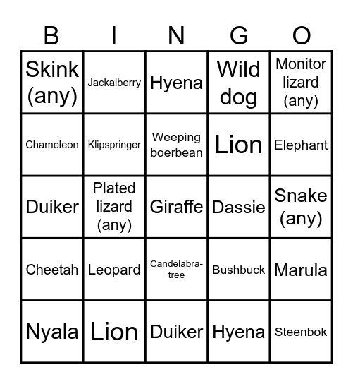 Kruger animals - Olifants Bingo Card