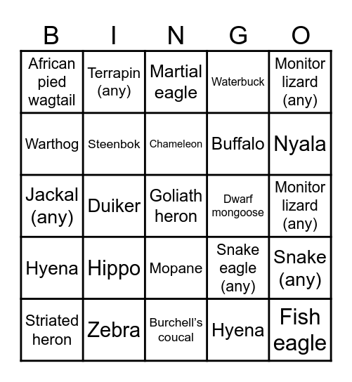 Kruger all - central Bingo Card
