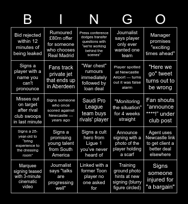 NEWCASTLE UNITED TRANSFER Bingo Card