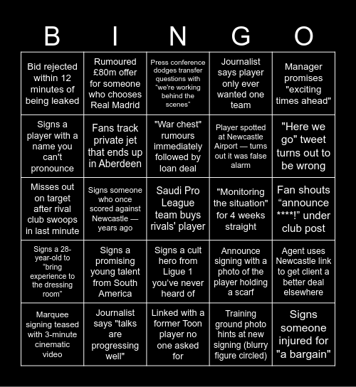 NEWCASTLE UNITED TRANSFER Bingo Card