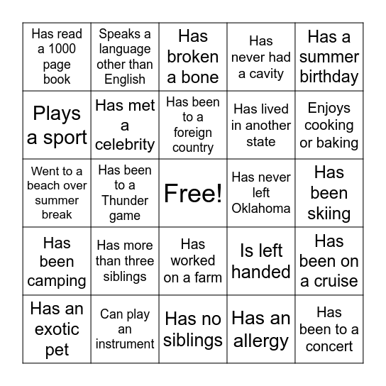 Classroom Bingo Card