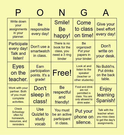 Reglas de la Clase Bingo Card