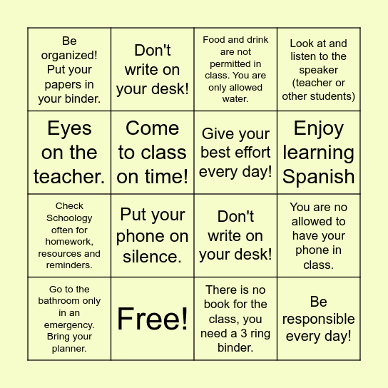 ¡PONGA!  Reglas de la Clase Bingo Card