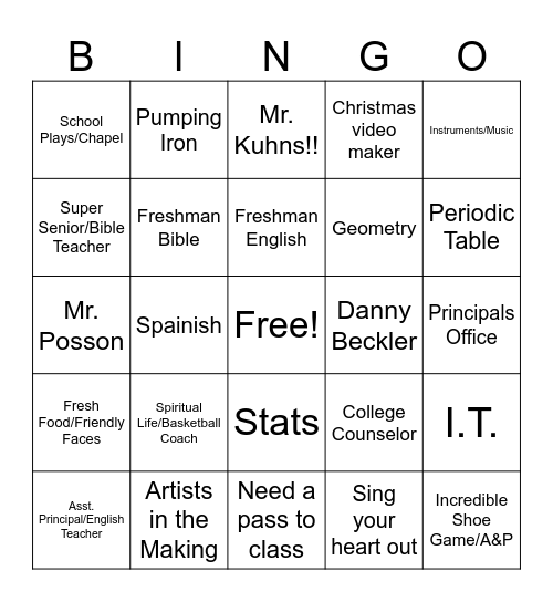 Freshman Welcome Bingo Card