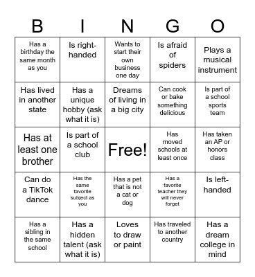 Back to School Bingo Card