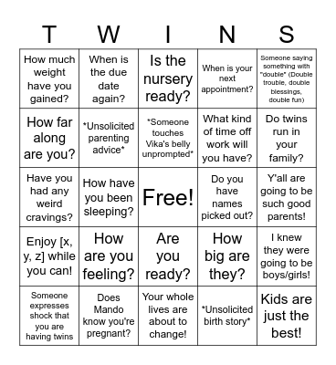 G&V Baby Shower Bingo Card