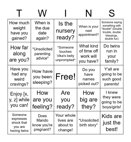 G&V Baby Shower Bingo Card