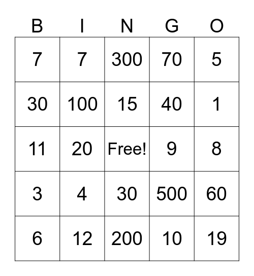 Subtraction Bingo Card