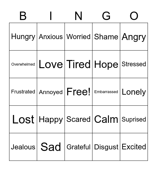 Feelings Bingo Card