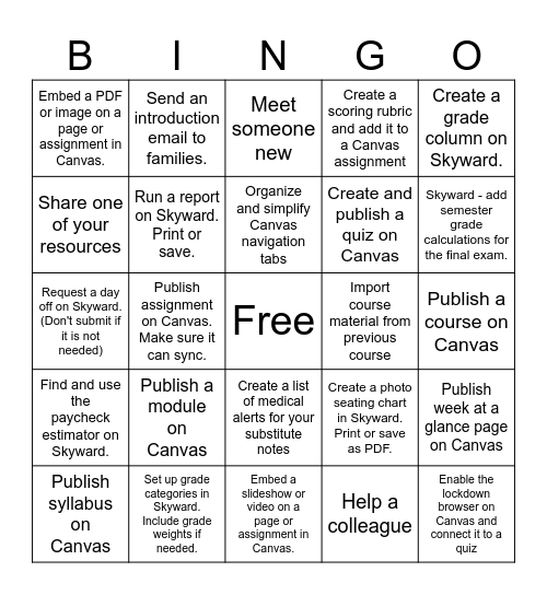 Skyward and Canvas Bingo Card