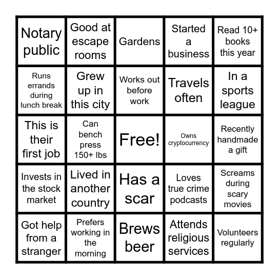 Get to know everyone! Bingo Card