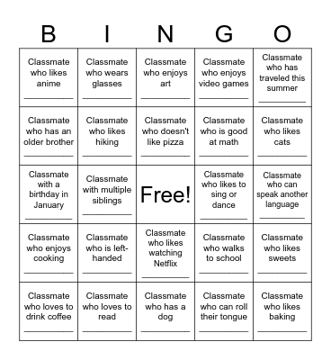 Classmate Bingo Card