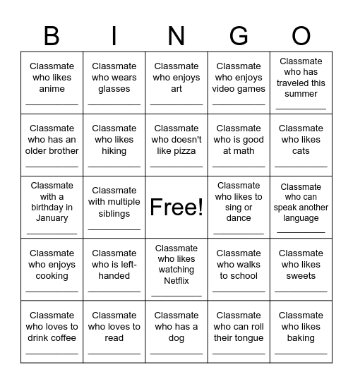 Classmate Bingo Card